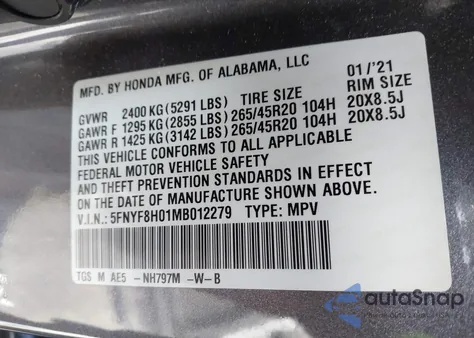 2021 Honda Passport Awd Elite z USA, uszkodzony, nr VIN 5FNYF8H01MB012279